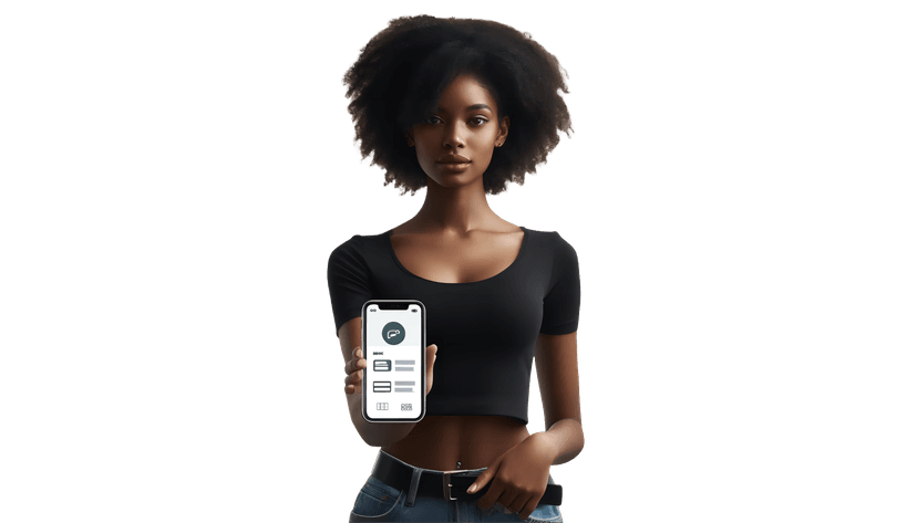 Account management interface, showing a black woman holding a phone and using the banking app
