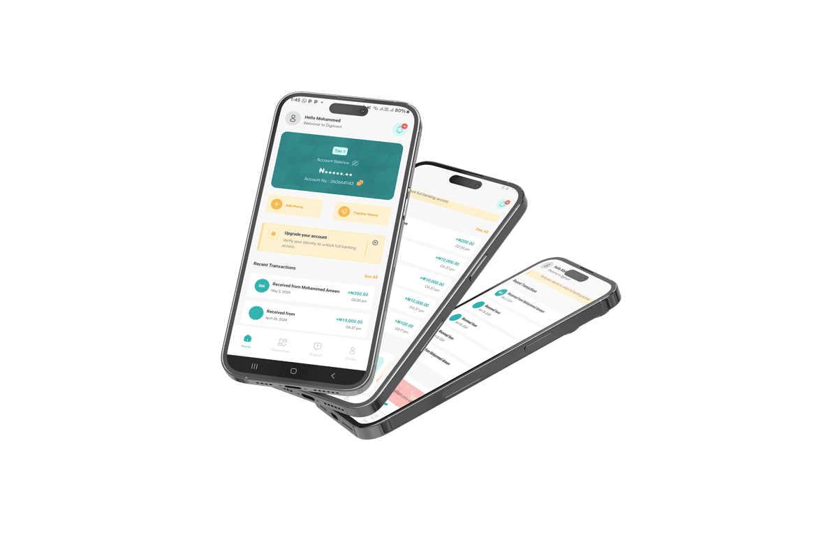 DigitVant mobile banking app interface on a smartphone mockup